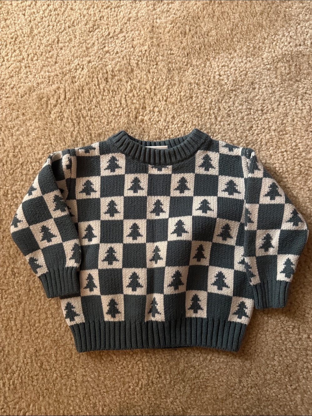 Kids Checkered Knit Sweater with Tree Motif in Teal and Cream